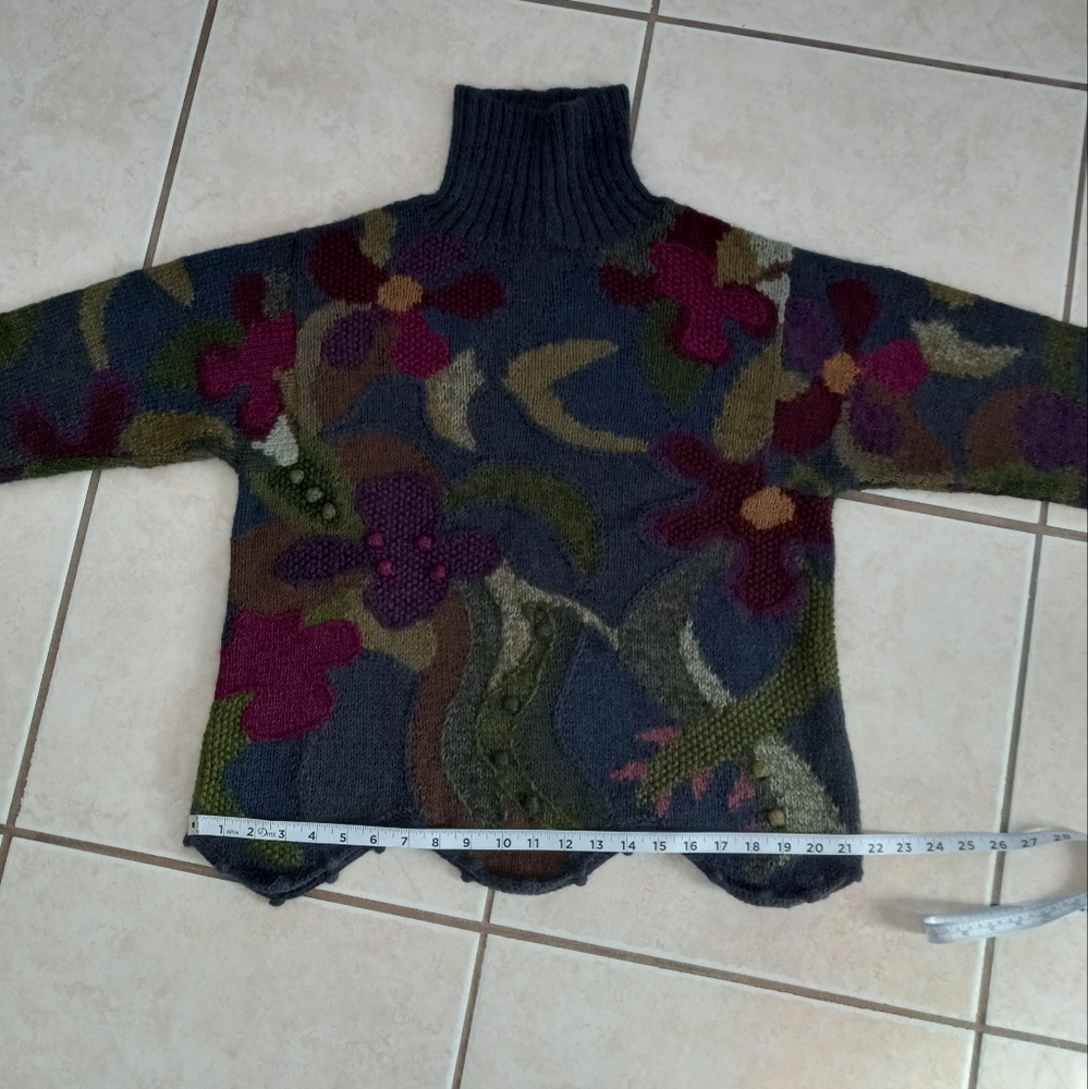 Peruvian Connection Aplaca Sweater Floral Patchwork Embroidery Pom Pom Artsy - Picture 14 of 16